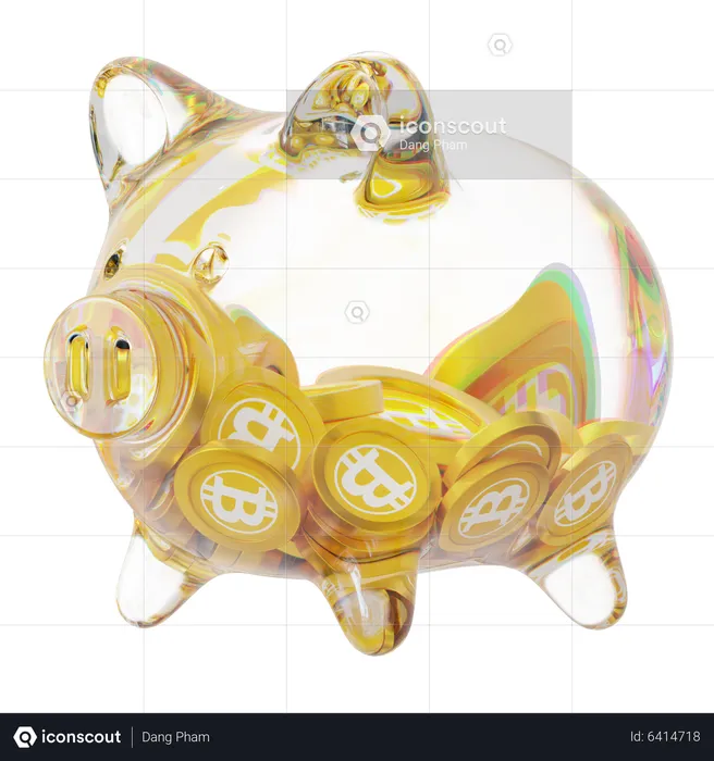 Btg Clear Glass Piggy Bank With Decreasing Piles Of Crypto Coins  3D Icon