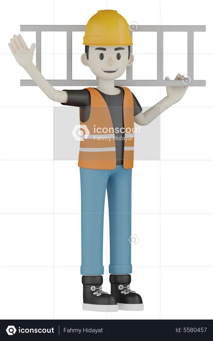 Builder Holding Ladder  3D Illustration