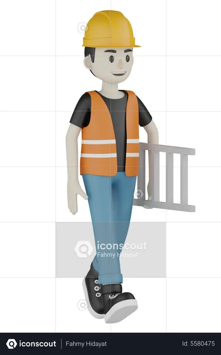 Builder Holding Ladder  3D Illustration