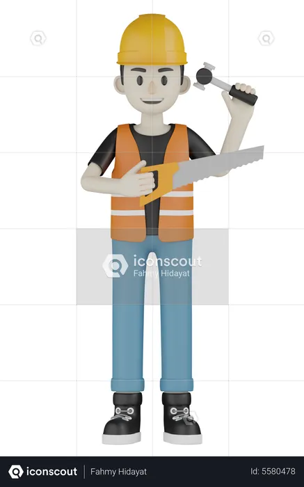 Builder Holding Saw  3D Illustration