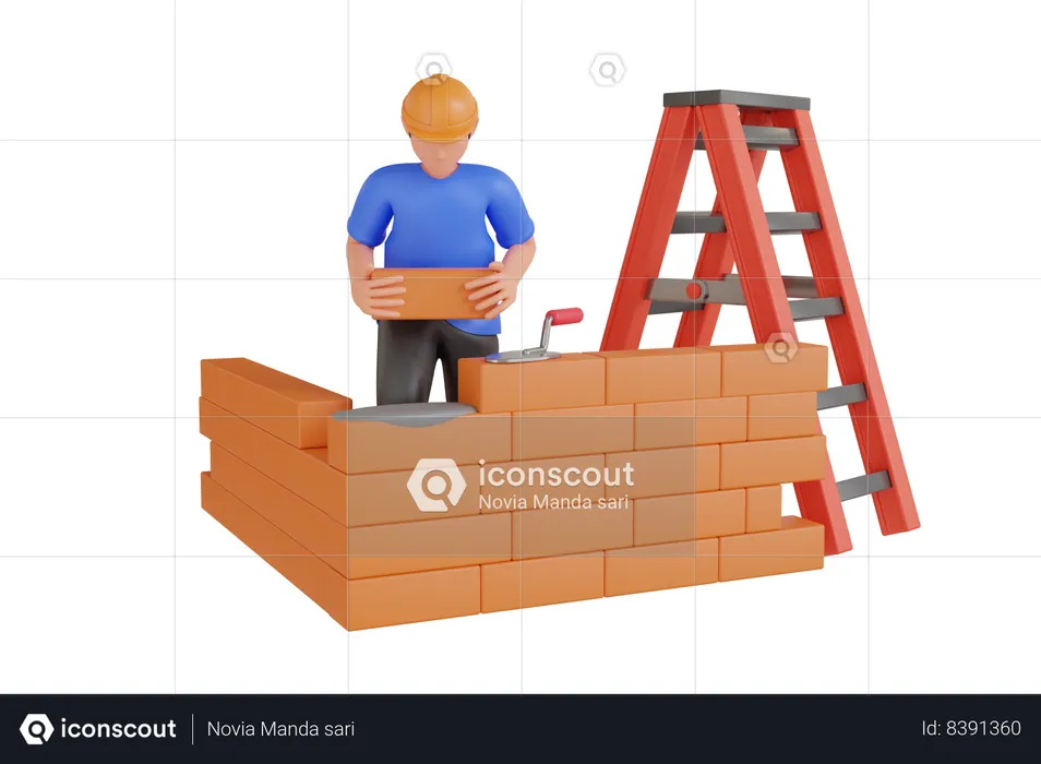 Builder Making Brick Wall  3D Illustration