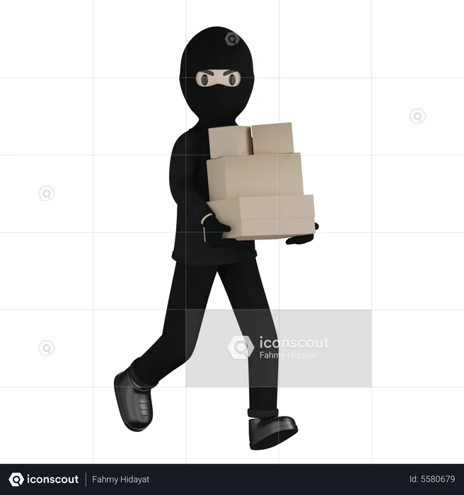 Burglar Running With Box  3D Illustration