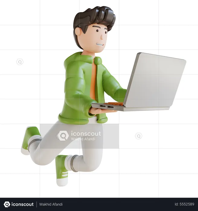 Business Man Flying Holding Laptop  3D Illustration