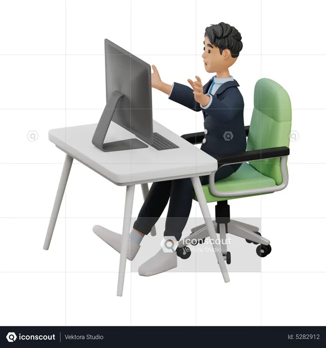 Business Man Working in Front of Computer  3D Illustration