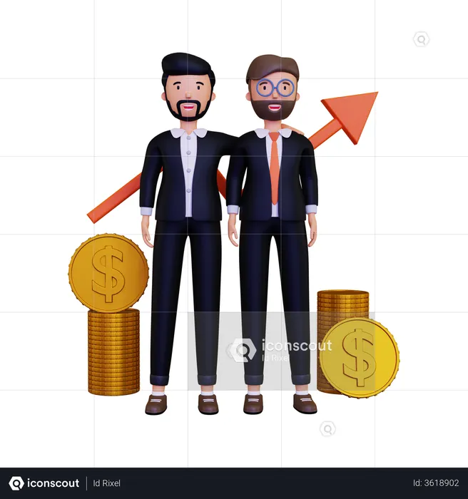 Business partner shaking hands with a pile of gold coins and an arrow  3D Illustration