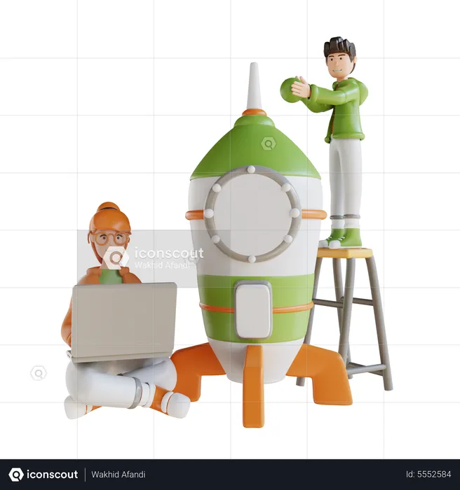 Business Man And Woman With Rocket Startup  3D Illustration