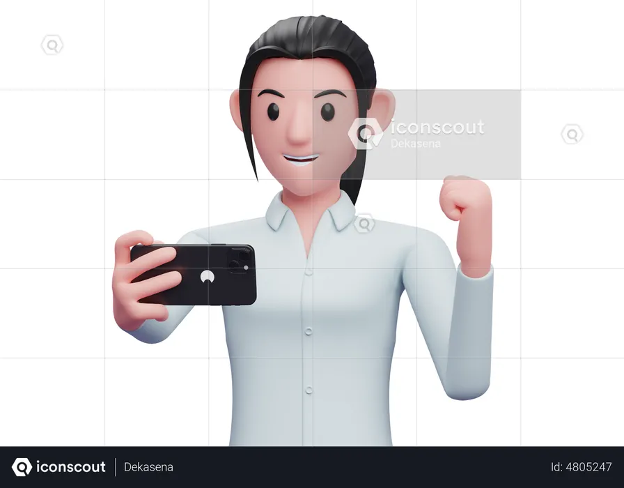 Business woman celebrating while looking at a cell phone  3D Illustration