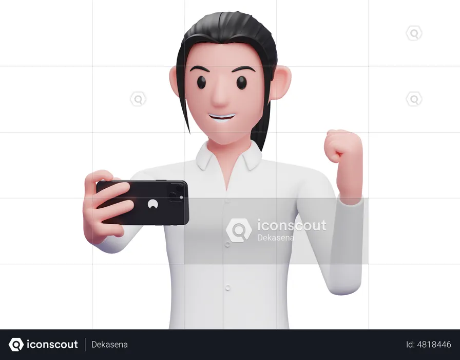 Business woman celebrating while looking at a cell phone  3D Illustration