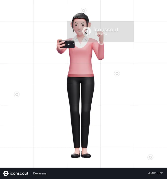 Business woman celebrating while looking at the phone screen  3D Illustration