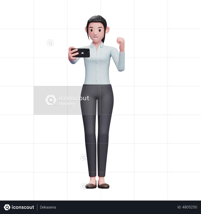 Business woman celebrating while looking at the phone screen  3D Illustration