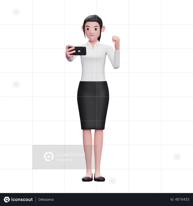 Business woman celebrating while looking at the phone screen  3D Illustration