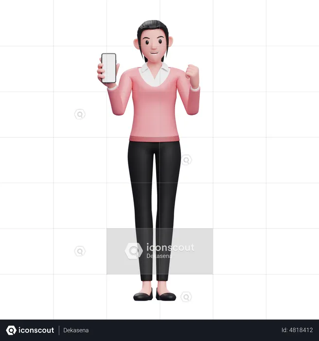Business Woman Doing Winning Gesture while showing phone screen  3D Illustration