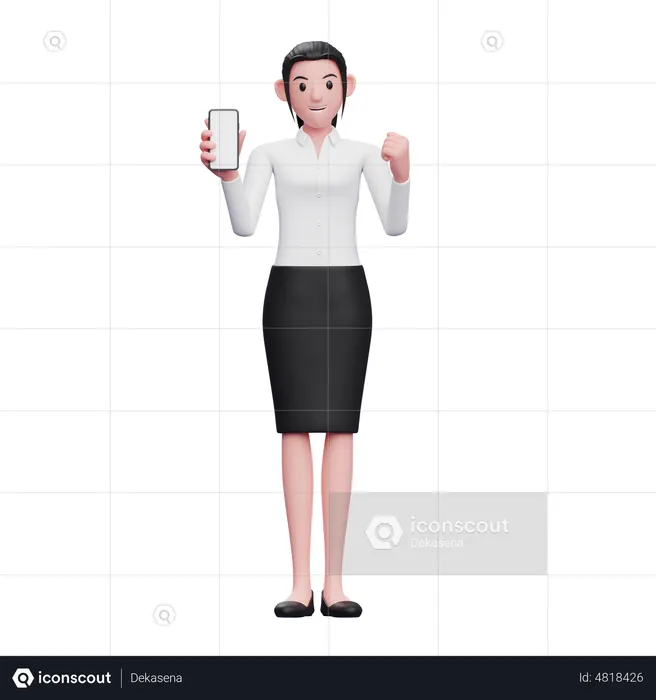 Business Woman Doing Winning Gesture while showing phone screen  3D Illustration