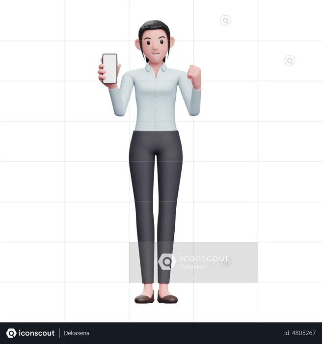 Business Woman Doing Winning Gesture while showing phone screen  3D Illustration