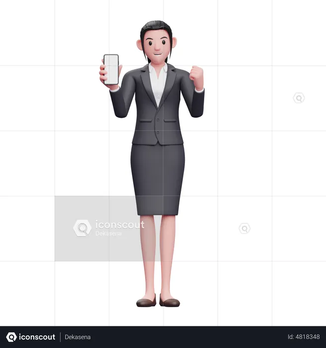 Business Woman Doing Winning Gesture while showing phone screen  3D Illustration