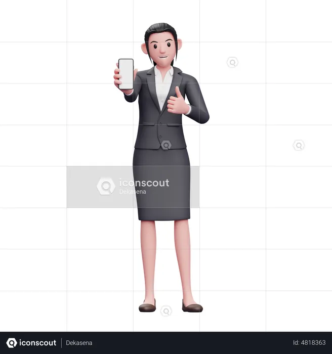 Business woman give thumbs up and showing smartphone screen  3D Illustration