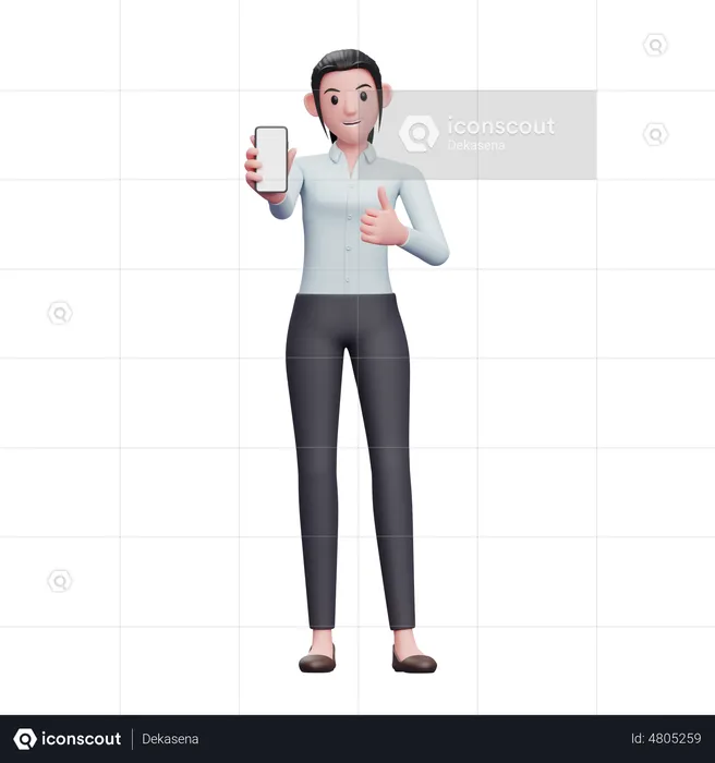 Business woman give thumbs up and showing smartphone screen  3D Illustration