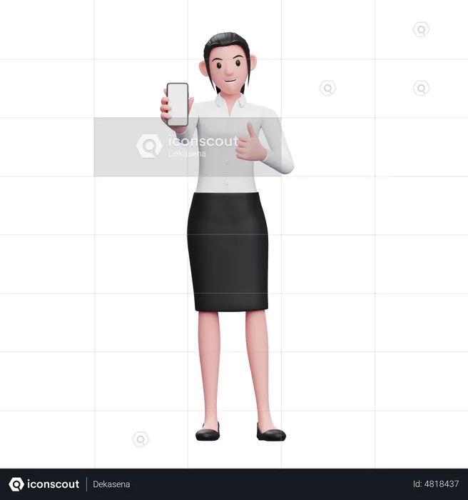 Business woman give thumbs up and showing smartphone screen  3D Illustration