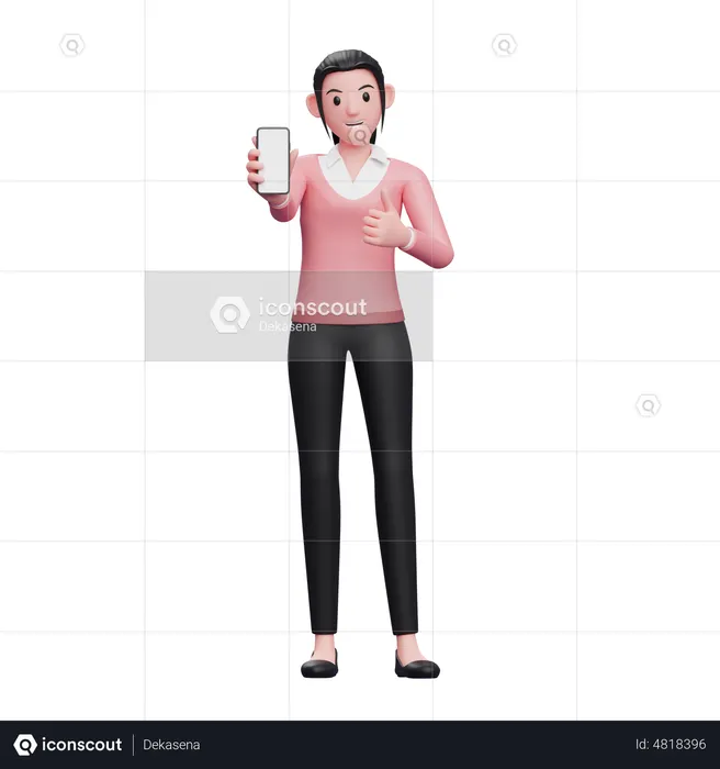 Business woman give thumbs up and showing smartphone screen  3D Illustration
