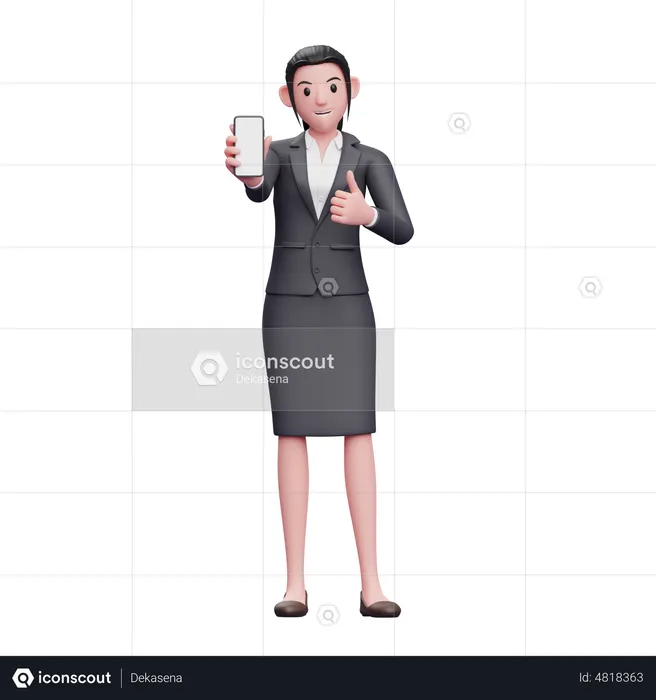 Business woman give thumbs up and showing smartphone screen 3D Illustration