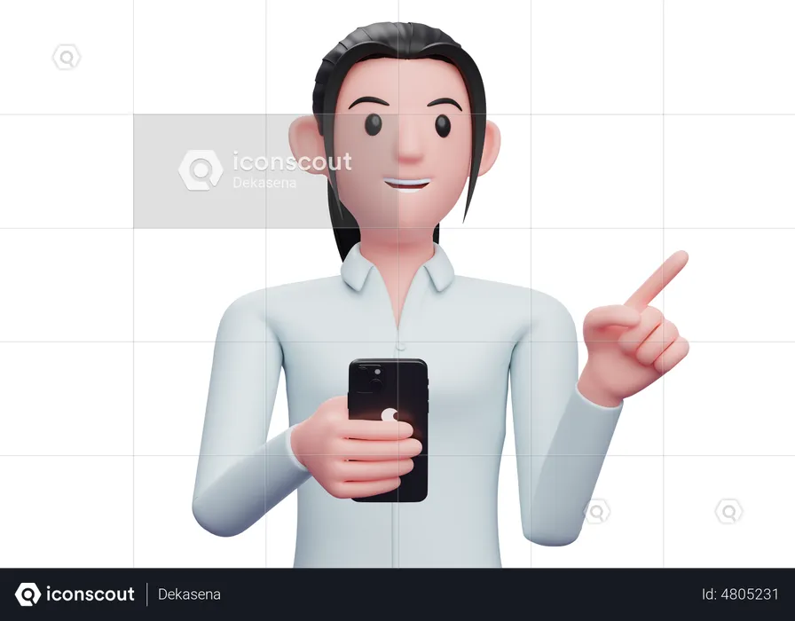 Business woman holding a cell phone while pointing to the side  3D Illustration