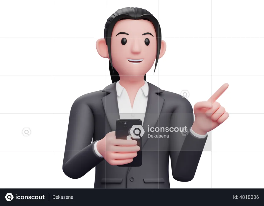 Business woman holding a cell phone while pointing to the side  3D Illustration