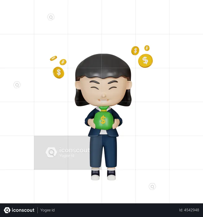 Business woman holding money bag  3D Illustration