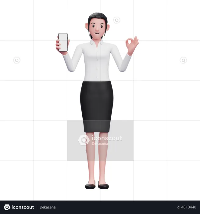 Business woman holding smartphone and showing ok finger  3D Illustration