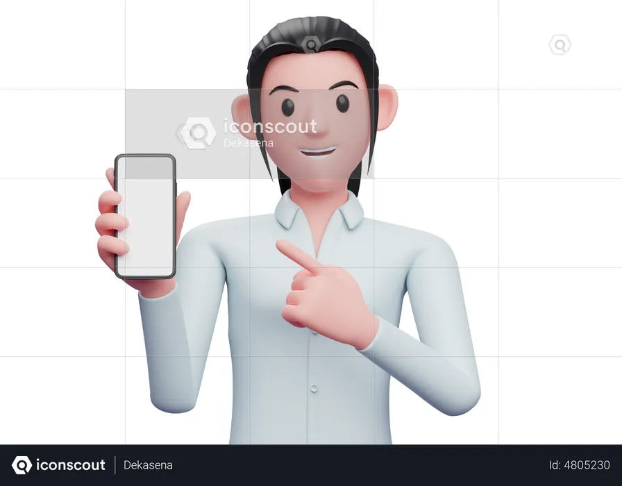 Business woman pointing cell phone in hand  3D Illustration