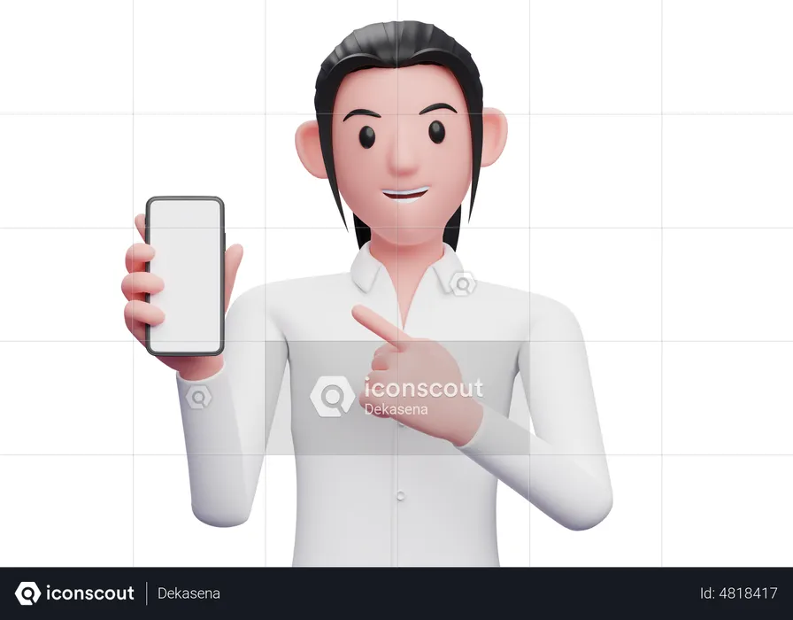 Business woman pointing cell phone in hand  3D Illustration