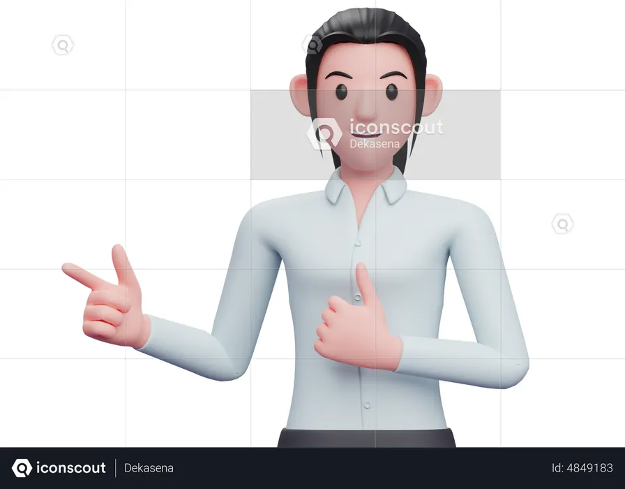 Business woman pointing finger left side and showing thumbs up  3D Illustration