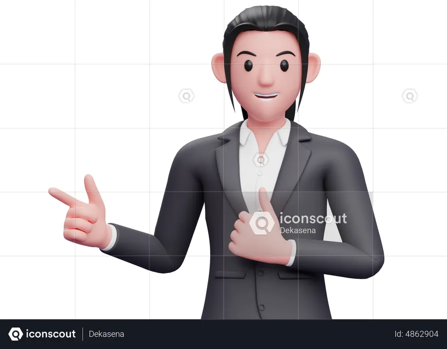 Business woman pointing finger left side and showing thumbs up  3D Illustration