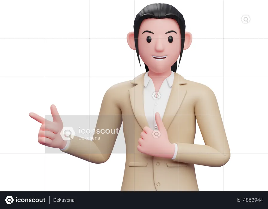 Business woman pointing finger left side and showing thumbs up  3D Illustration