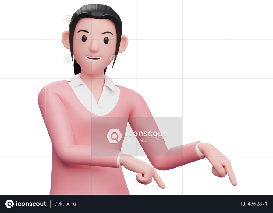 Business woman pointing to bottom right corner  3D Illustration