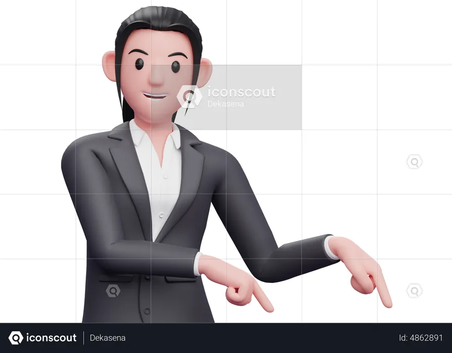 Business woman pointing to bottom right corner  3D Illustration
