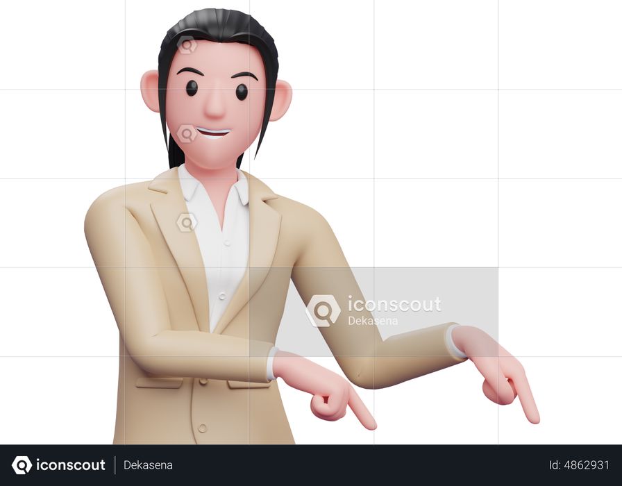 Business woman pointing to bottom right corner 3D Illustration