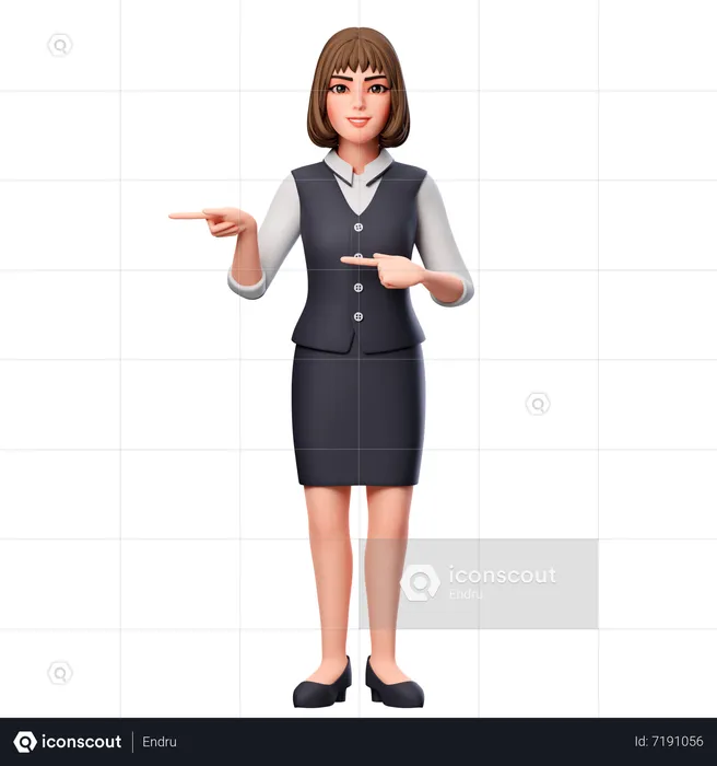 Business Woman Pointing To Left Side Using Both Hand  3D Illustration