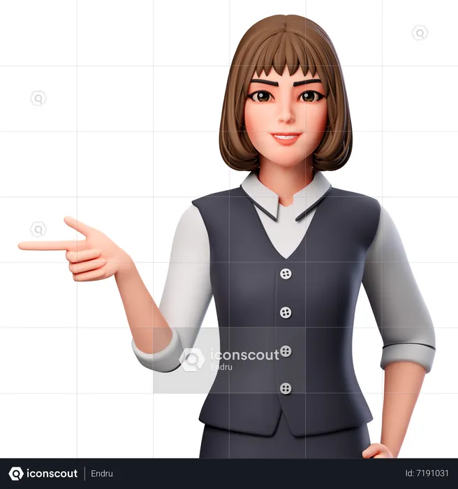 Business Woman Pointing To Left Side Using Left Hand  3D Illustration