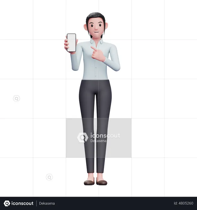 Business woman pointing to phone screen  3D Illustration