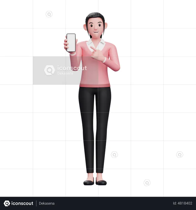 Business woman pointing to phone screen  3D Illustration