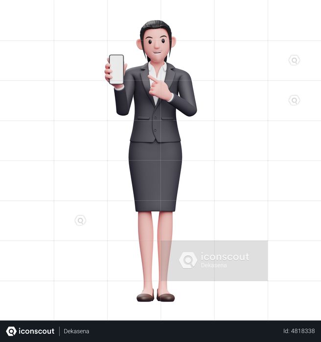 Business woman pointing to phone screen 3D Illustration