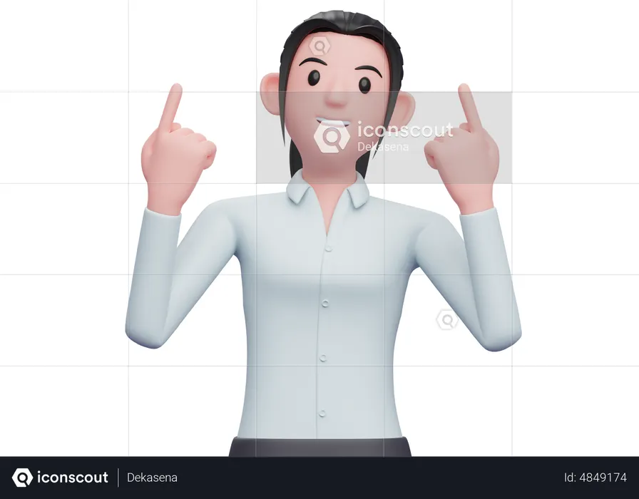 Business woman raises both index fingers and looks up  3D Illustration