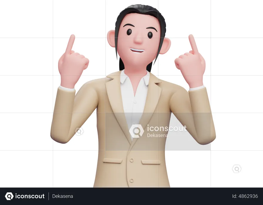 Business woman raises both index fingers and looks up  3D Illustration