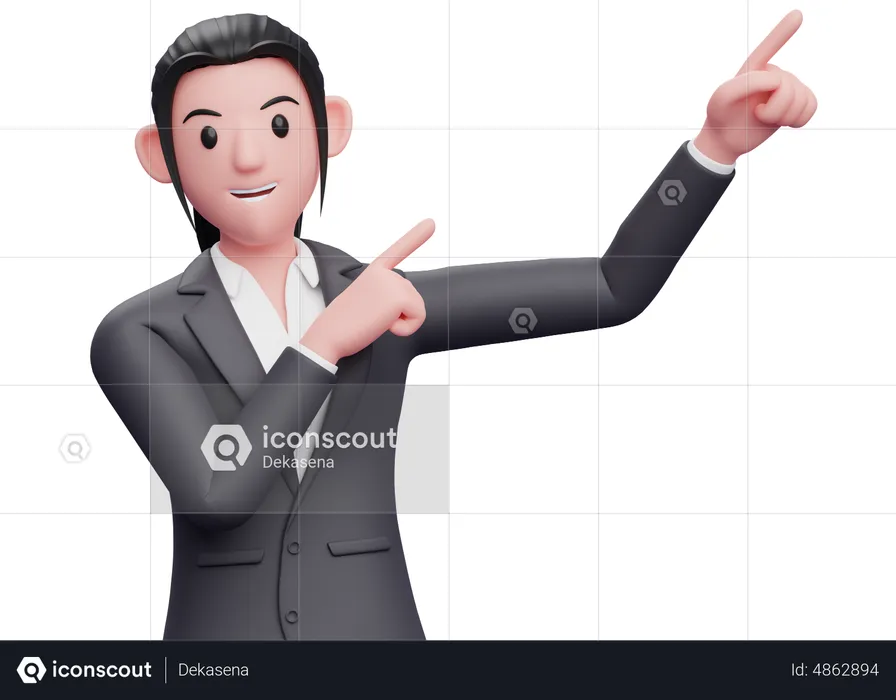 Business woman raising both hands pointing to the top right corner  3D Illustration