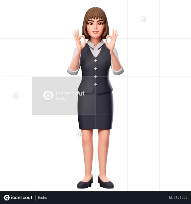 Business Woman Showing Ok Hand Gesture Using Both Hand  3D Illustration