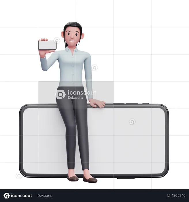 Business woman sitting casually on phone while showing the phone screen  3D Illustration
