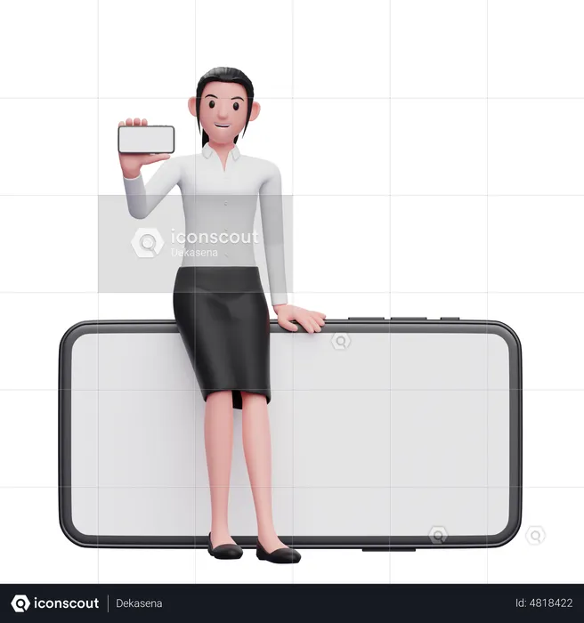 Business woman sitting casually on phone while showing the phone screen  3D Illustration