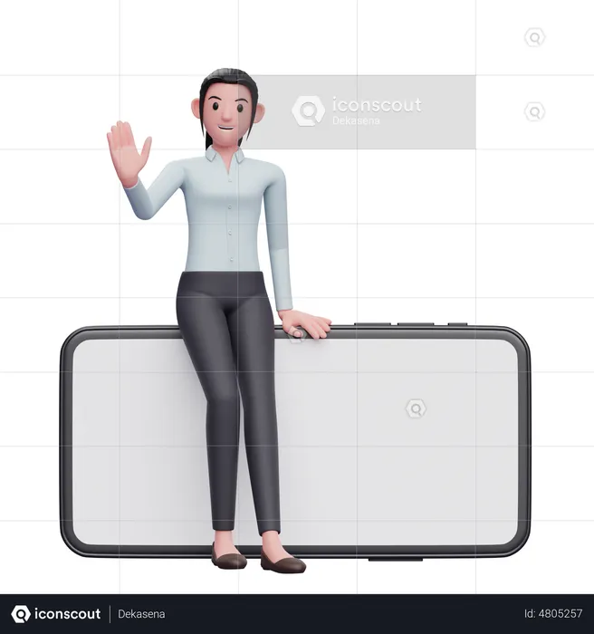 Business woman sitting on phone and waving hand  3D Illustration