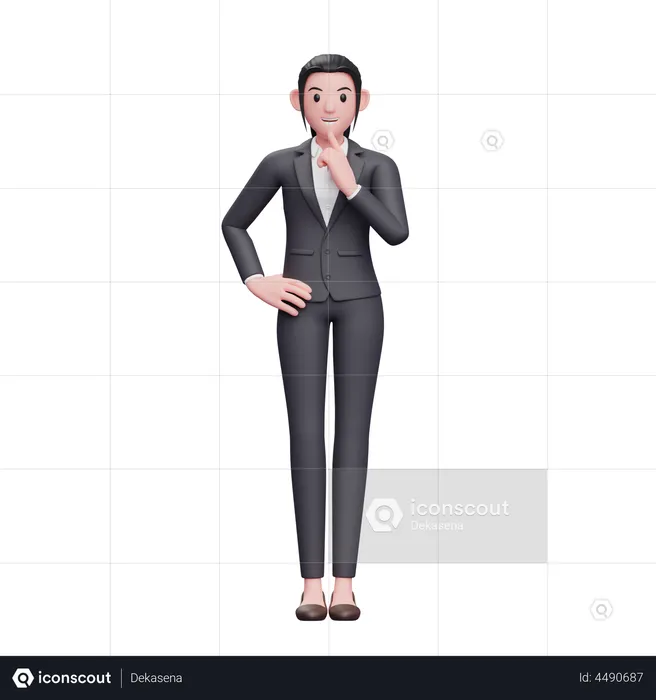 Business Woman Standing With Finger On Chin  3D Illustration