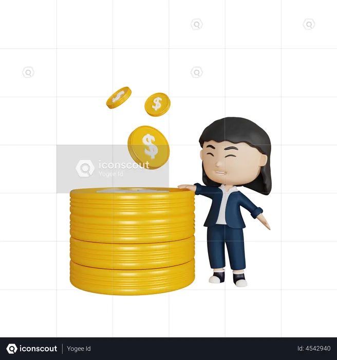 Business woman with coin stack  3D Illustration